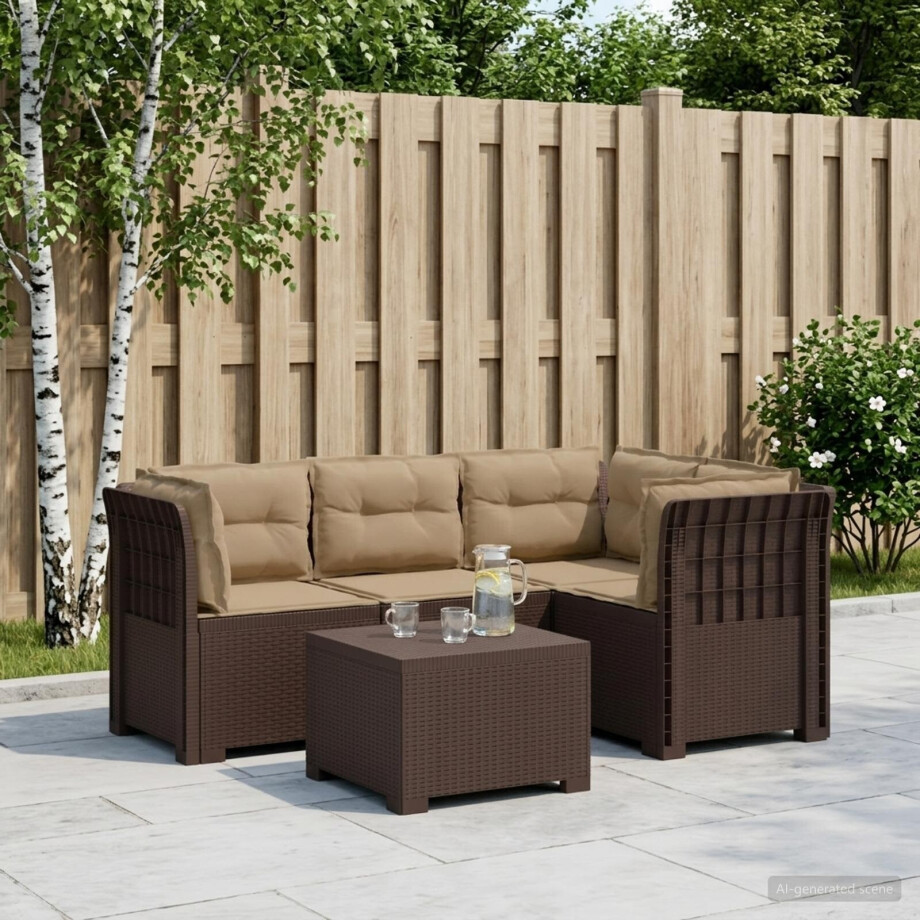 vidaXL 4-Persoons Tuinbank met Kussens Rieten Look PP Bruin afbeelding 1
