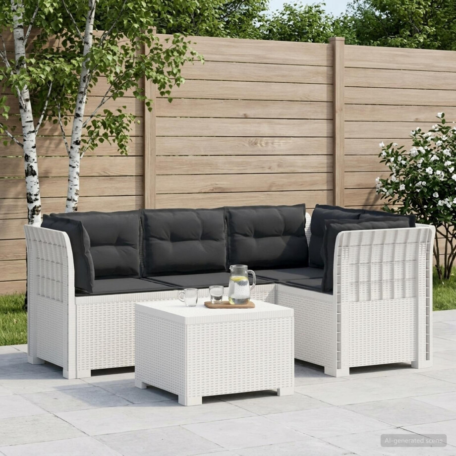 vidaXL 4-Persoons Tuinbank met Kussens Rieten Look PP Wit afbeelding 1