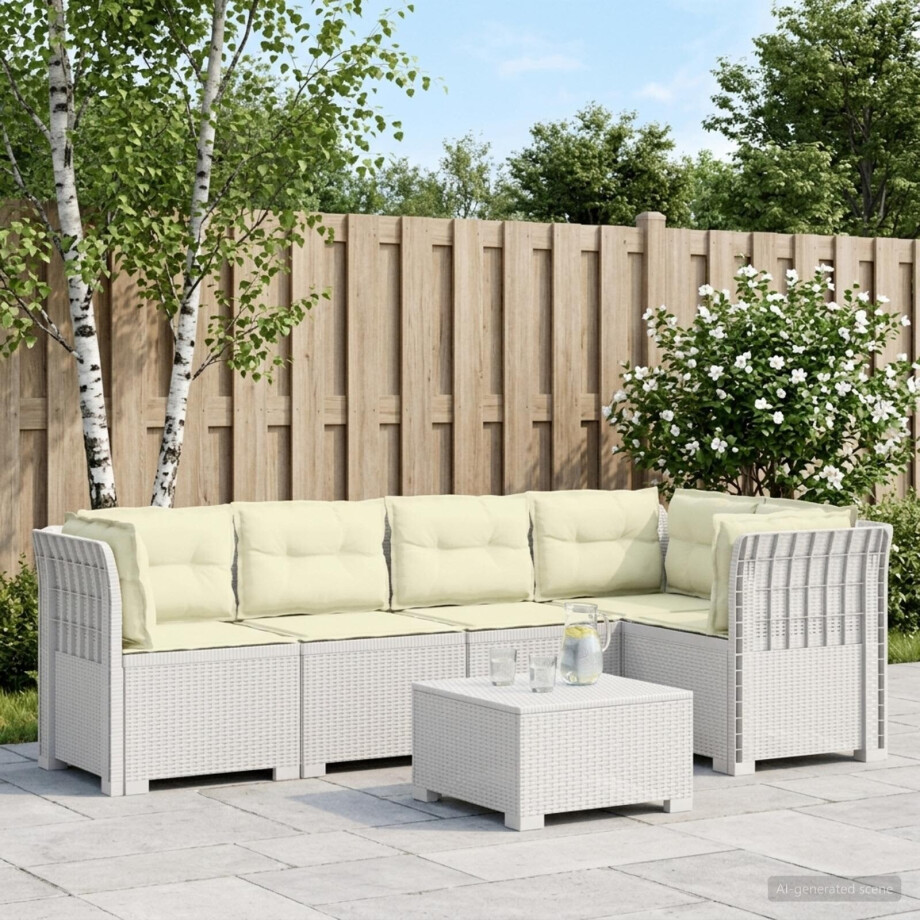 vidaXL 5-Zits Tuin Sofa met Kussens Rattan Look PP Wit vidaXL 5-Zits Tuin Sofa met Kussens Rattan Look PP Wit afbeelding 1