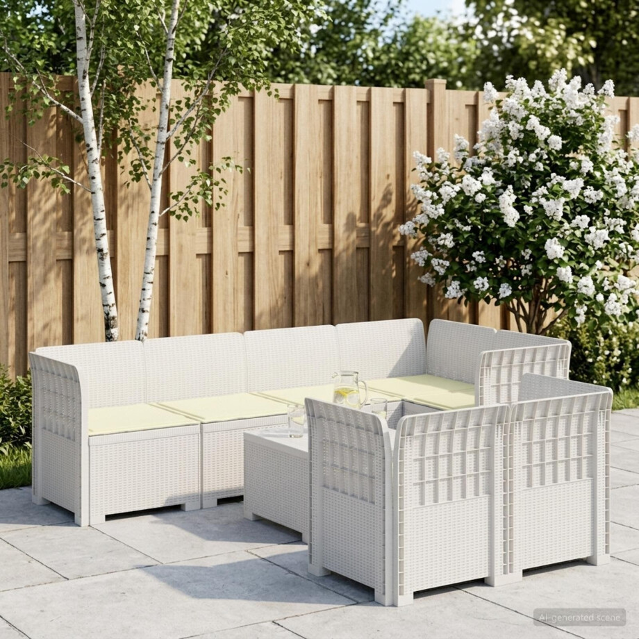 vidaXL 7-Persoons Tuinbank met Kussens Rieten Look PP Wit afbeelding 1