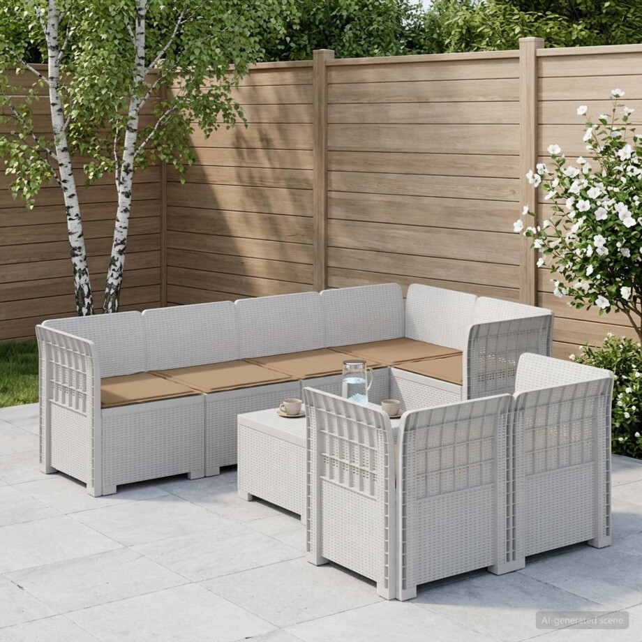 vidaXL 7-Persoons Tuinbank met Kussens Rieten Look PP Wit afbeelding 1