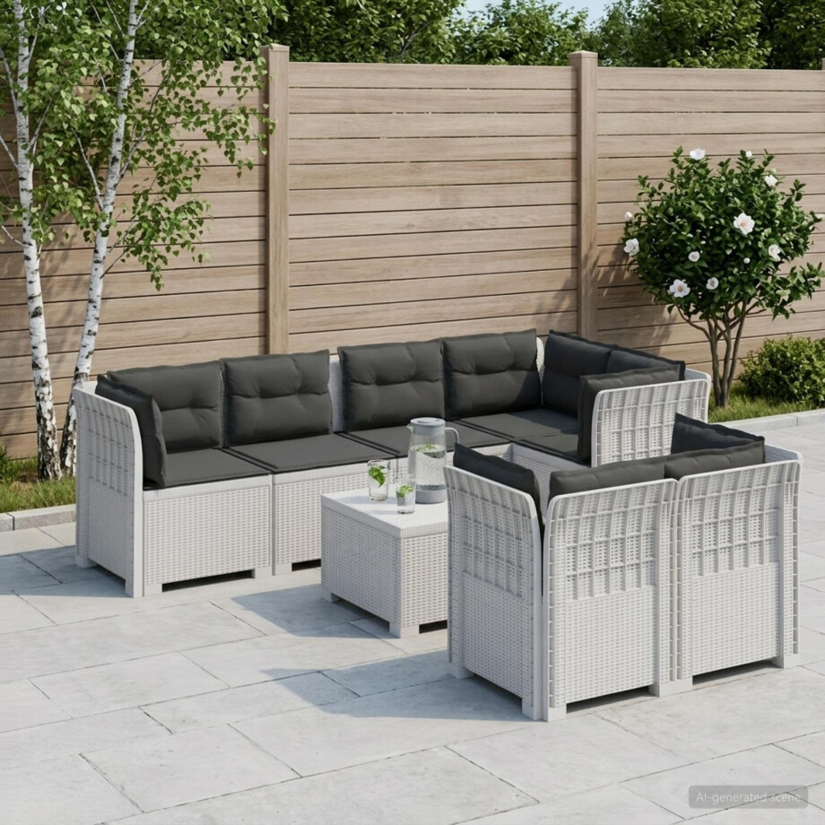 vidaXL 7-Persoons Tuinbank met Kussens Rieten Look PP Wit afbeelding 1