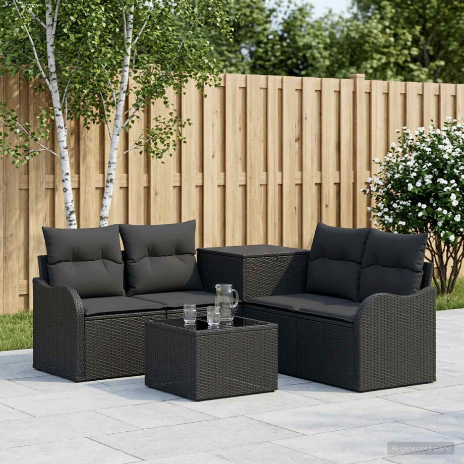 vidaXL Bankstel 6 st Zwart Poly Rattan en Staal afbeelding 1