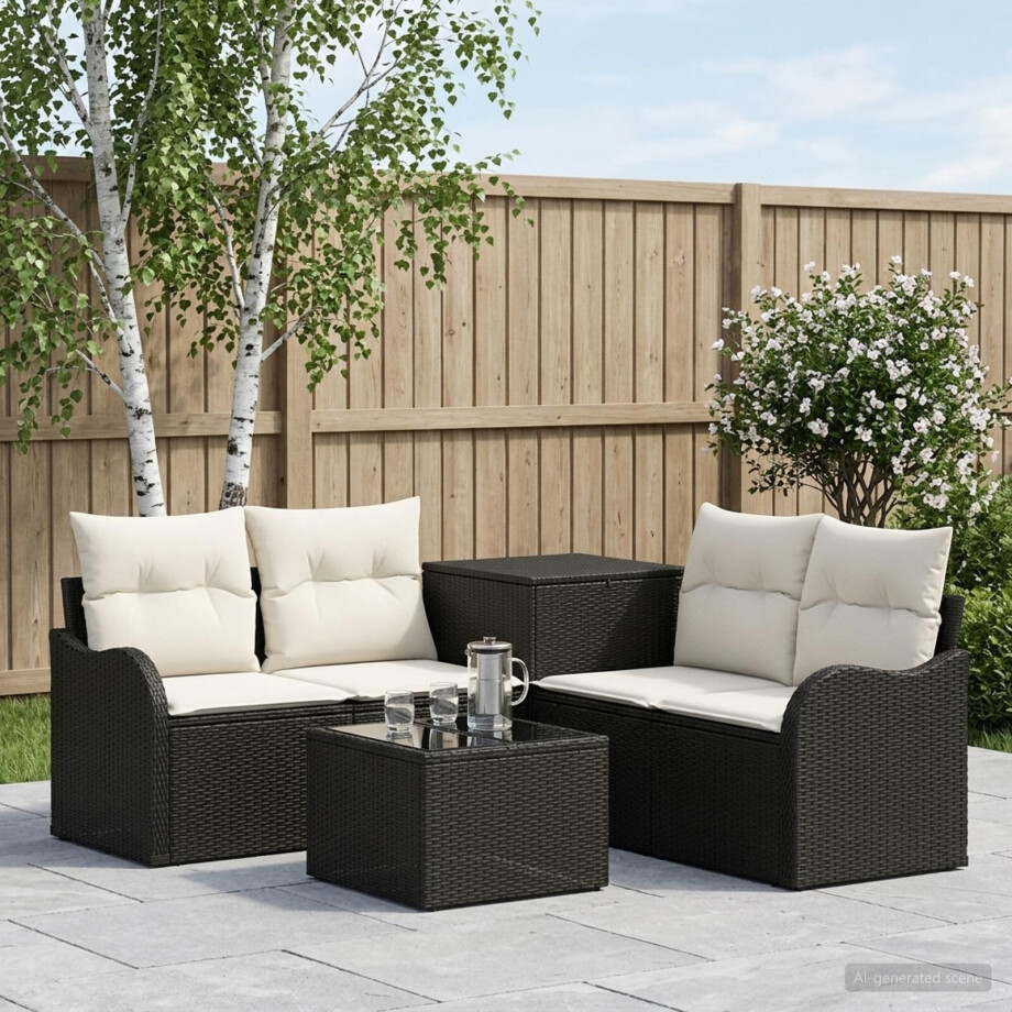 vidaXL Bankstel 6 st Zwart en Cream Wit Poly Rattan en Staal afbeelding 1