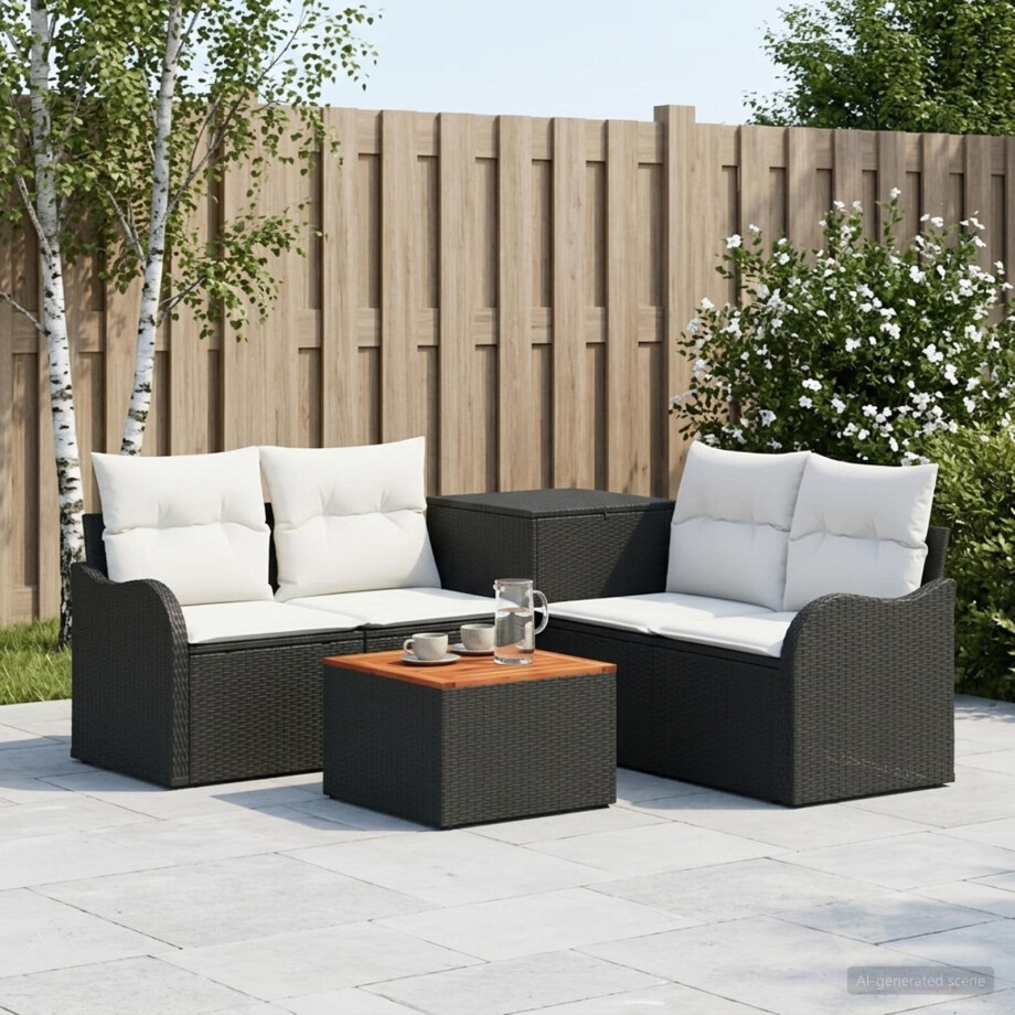 vidaXL Bankstel 6 st Zwart en Cream Wit Poly Rattan en Staal afbeelding 1