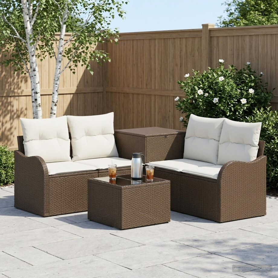 vidaXL Bankstel 6 st Bruin en Crème Wit Poly Rattan en Staal afbeelding 1
