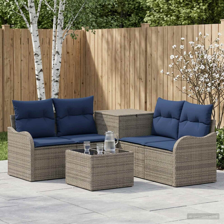 vidaXL Bankstel 6 st Grijs en Marineblauw Poly Rattan en Staal afbeelding 1