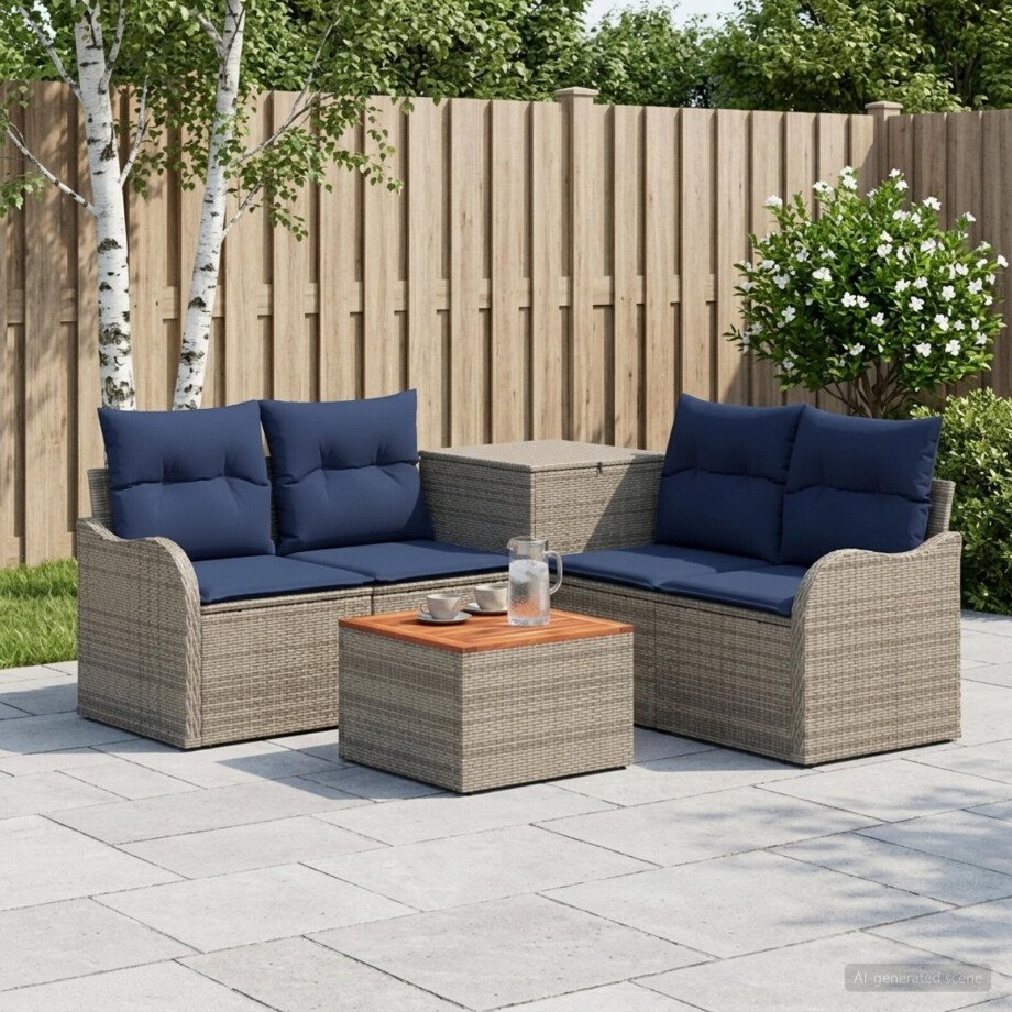 vidaXL Bankstel 6 st Grijs en Marineblauw Poly Rattan en Staal afbeelding 1
