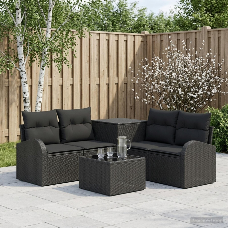 vidaXL Bankstel 6 st Zwart Poly Rattan en Staal vidaXL Bankstel 6 st Zwart Poly Rattan en Staal afbeelding 1