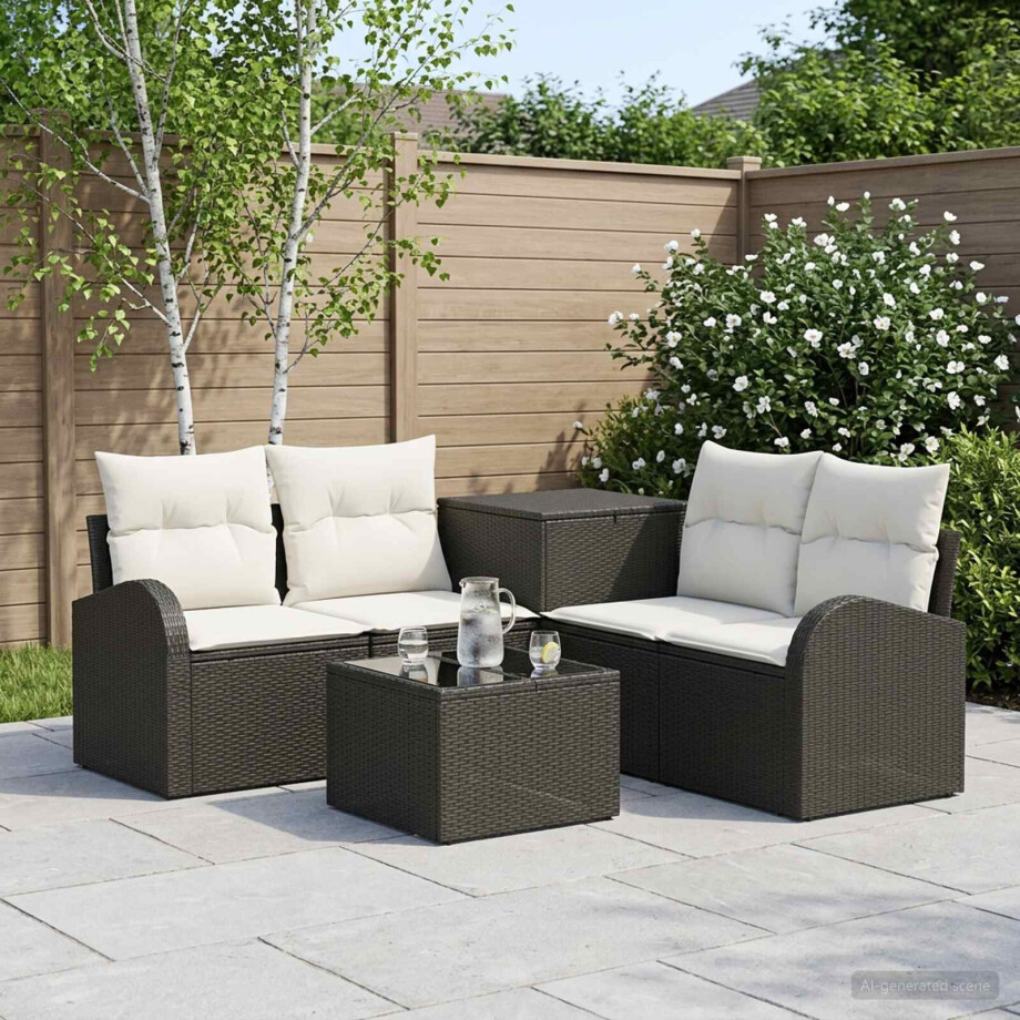 vidaXL Bankstel 6 st Zwart en Cream Wit Poly Rattan en Staal afbeelding 1