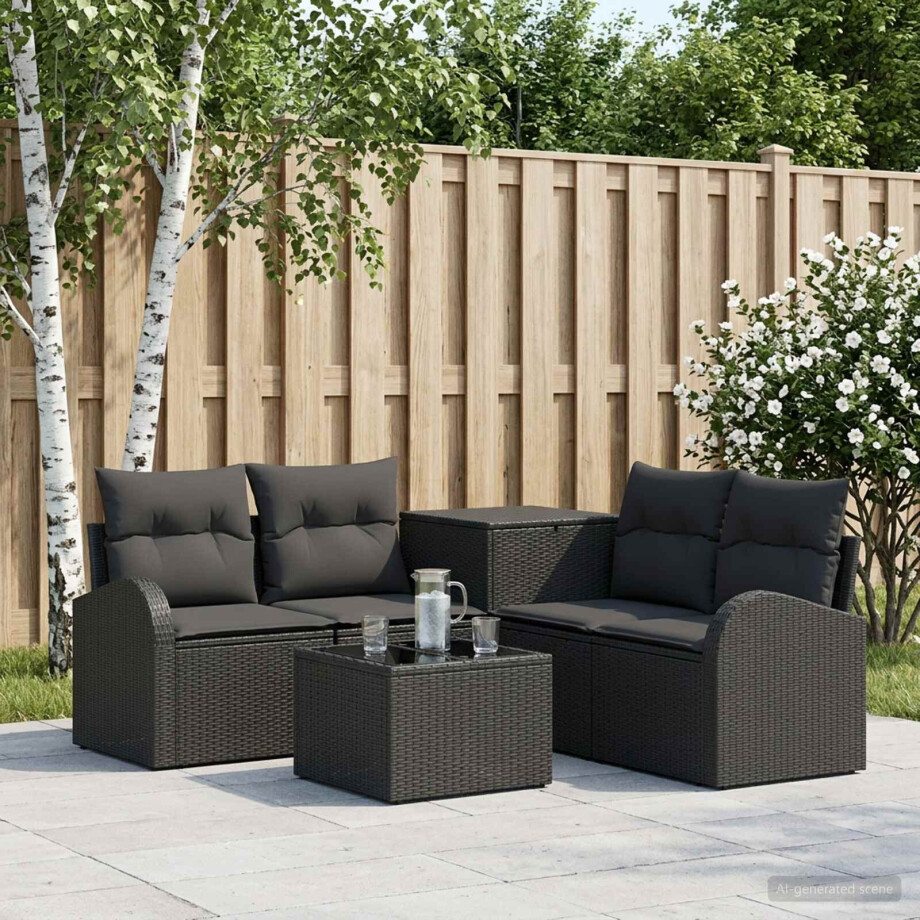 vidaXL Bankstel 6 st Zwart Poly Rattan en Staal vidaXL Bankstel 6 st Zwart Poly Rattan en Staal afbeelding 1