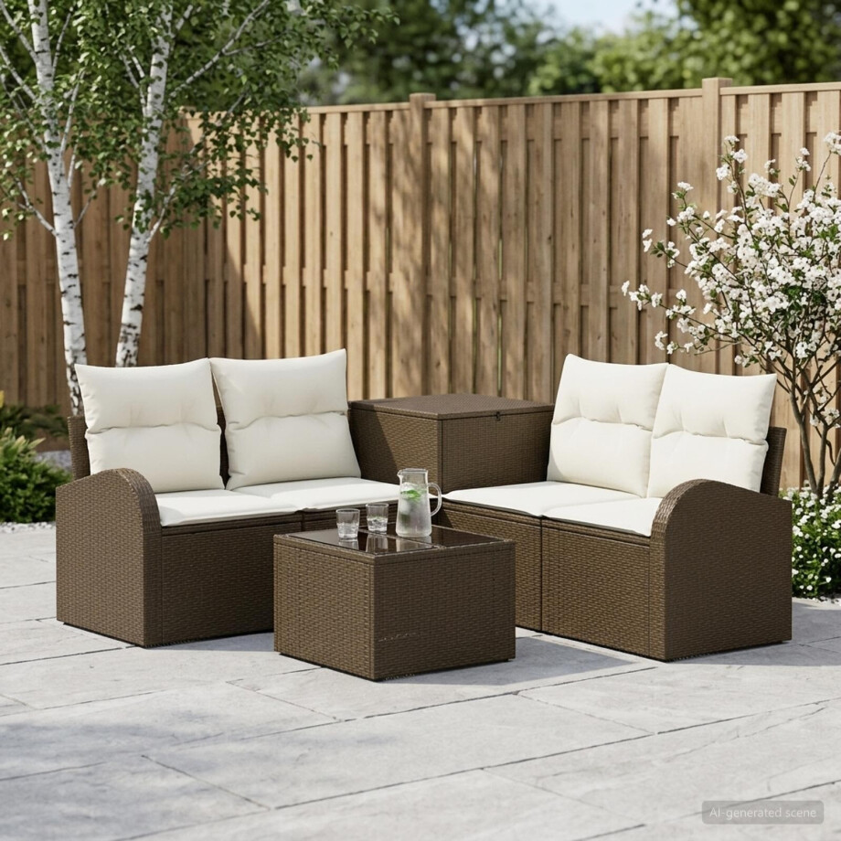 vidaXL Bankstel 6 st Bruin en Crème Wit Poly Rattan en Staal afbeelding 1