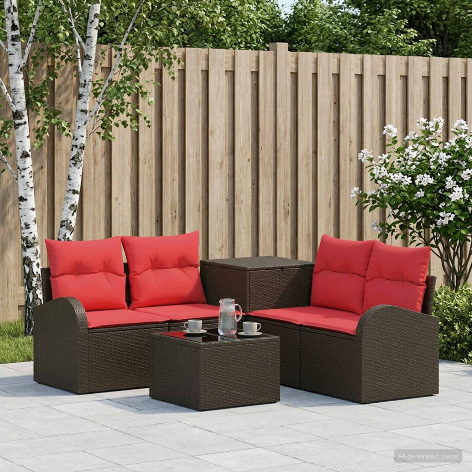 vidaXL Bankstel 6 st Bruin en Rood Poly Rattan en Staal vidaXL Bankstel 6 st Bruin en Rood Poly Rattan en Staal afbeelding 1
