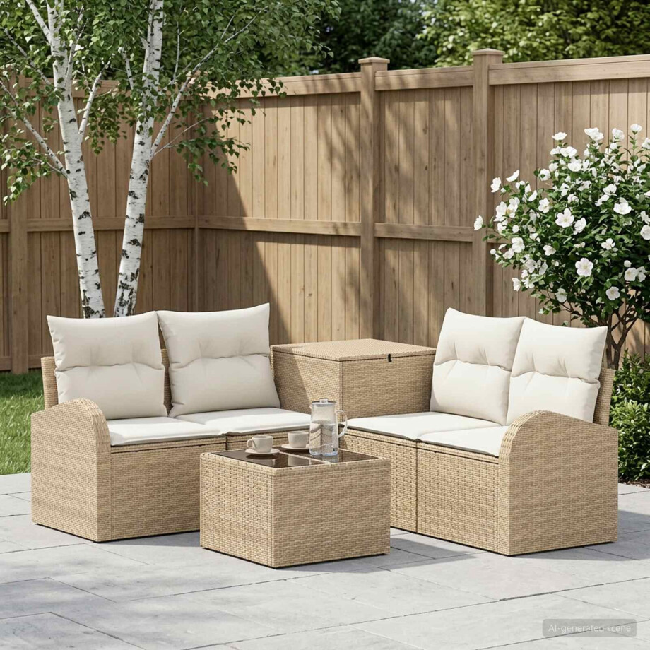 vidaXL Bankstel 6 st Beige en Crème Wit Poly Rattan en Staal afbeelding 1