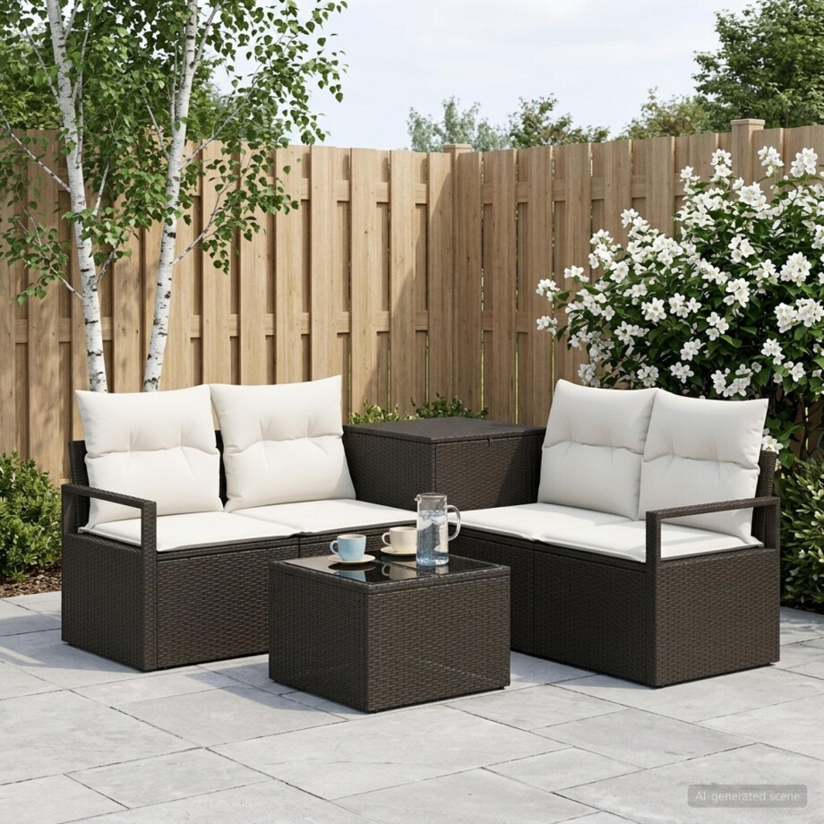 vidaXL Bankstel 6 st Zwart en Cream Wit Poly Rattan en Staal afbeelding 1