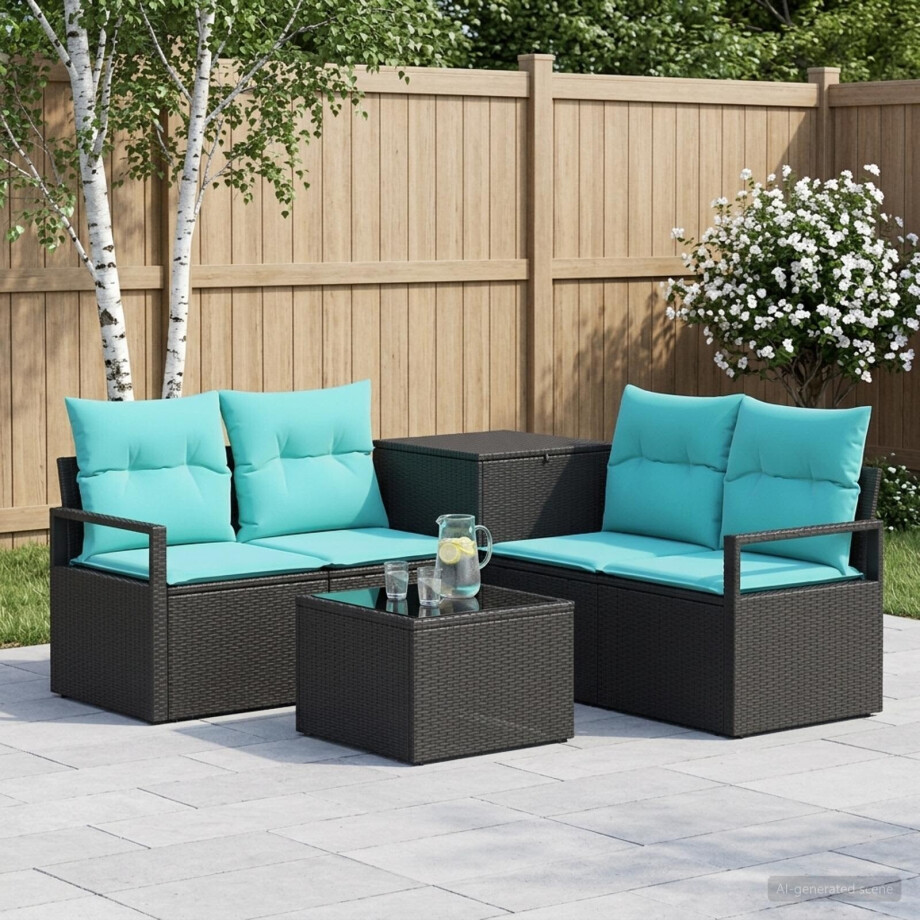 vidaXL Bankstel 6 st Zwart en Blauw Poly Rattan en Staal vidaXL Bankstel 6 st Zwart en Blauw Poly Rattan en Staal afbeelding 1