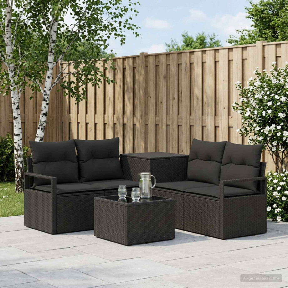 vidaXL Bankstel 6 st Zwart Poly Rattan en Staal vidaXL Bankstel 6 st Zwart Poly Rattan en Staal afbeelding 1