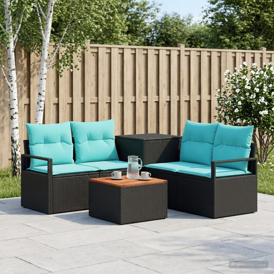 vidaXL Bankstel 6 st Zwart en Blauw Poly Rattan en Staal vidaXL Bankstel 6 st Zwart en Blauw Poly Rattan en Staal afbeelding 1