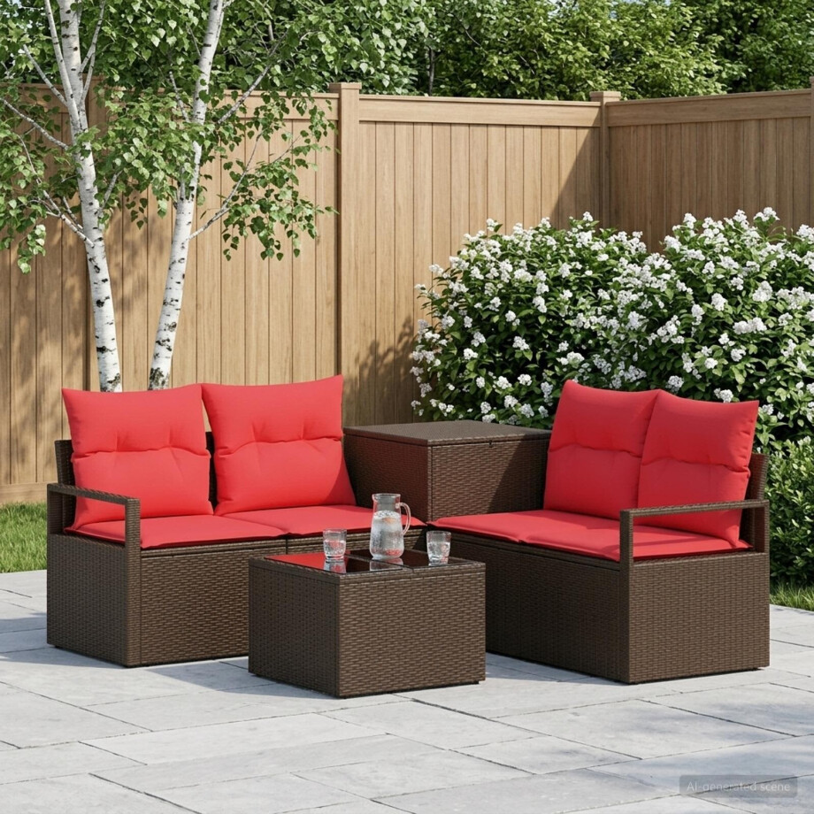 vidaXL Bankstel 6 st Bruin en Rood Poly Rattan en Staal afbeelding 1