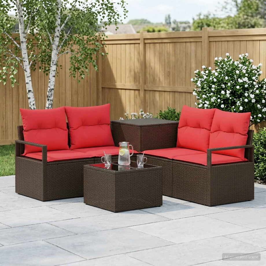 vidaXL Bankstel 6 st Bruin en Rood Poly Rattan en Staal afbeelding 1