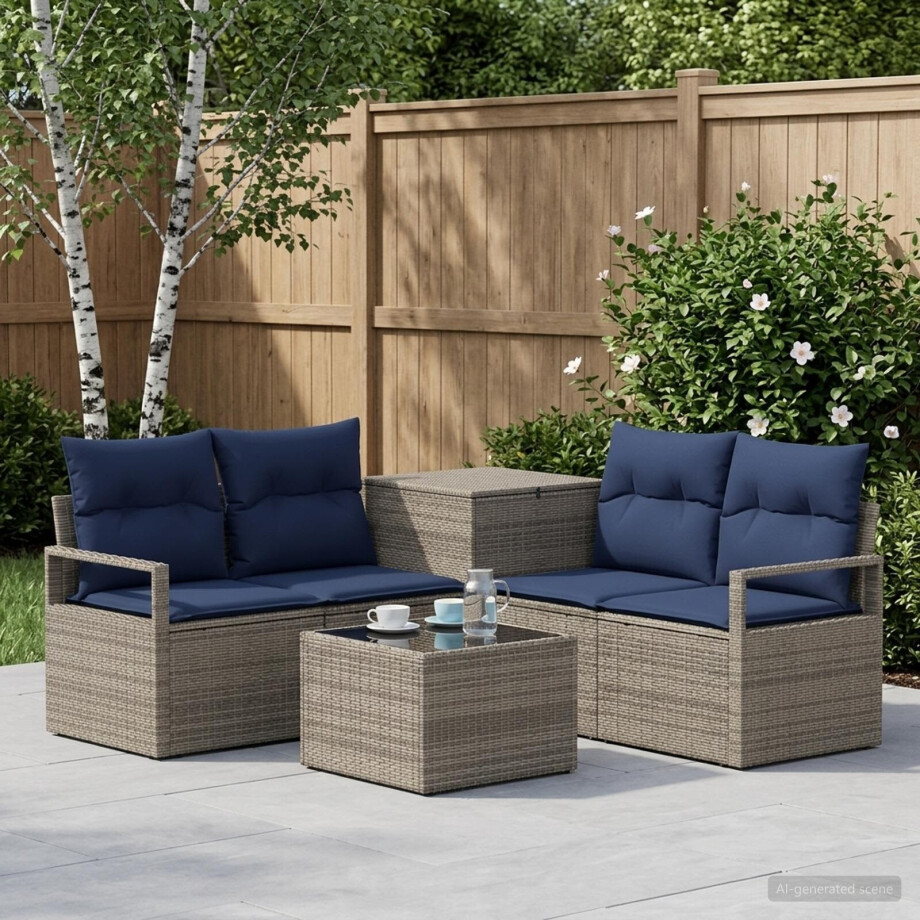 vidaXL Bankstel 6 st Grijs en Marineblauw Poly Rattan en Staal afbeelding 1