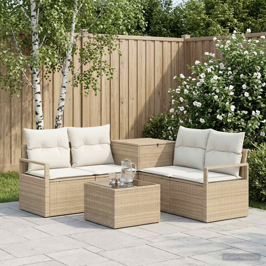 vidaXL Bankstel 6 st Beige en Crème Wit Poly Rattan en Staal afbeelding 1