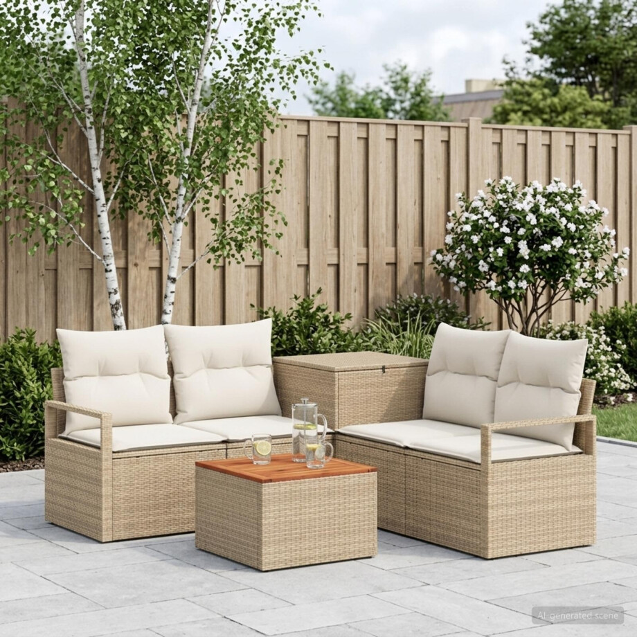 vidaXL Bankstel 6 st Beige en Crème Wit Poly Rattan en Staal afbeelding 1