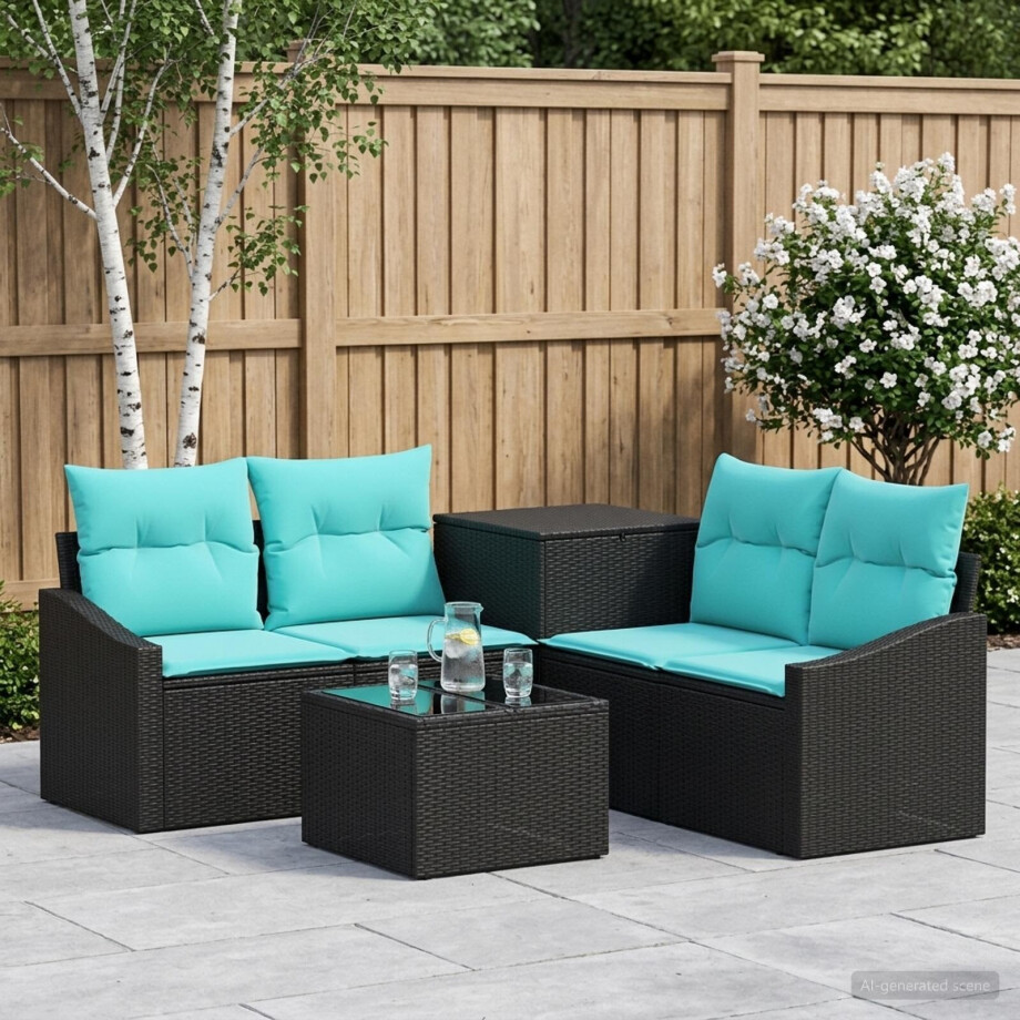 vidaXL Bankstel 6 st Zwart en Blauw Poly Rattan en Staal vidaXL Bankstel 6 st Zwart en Blauw Poly Rattan en Staal afbeelding 1