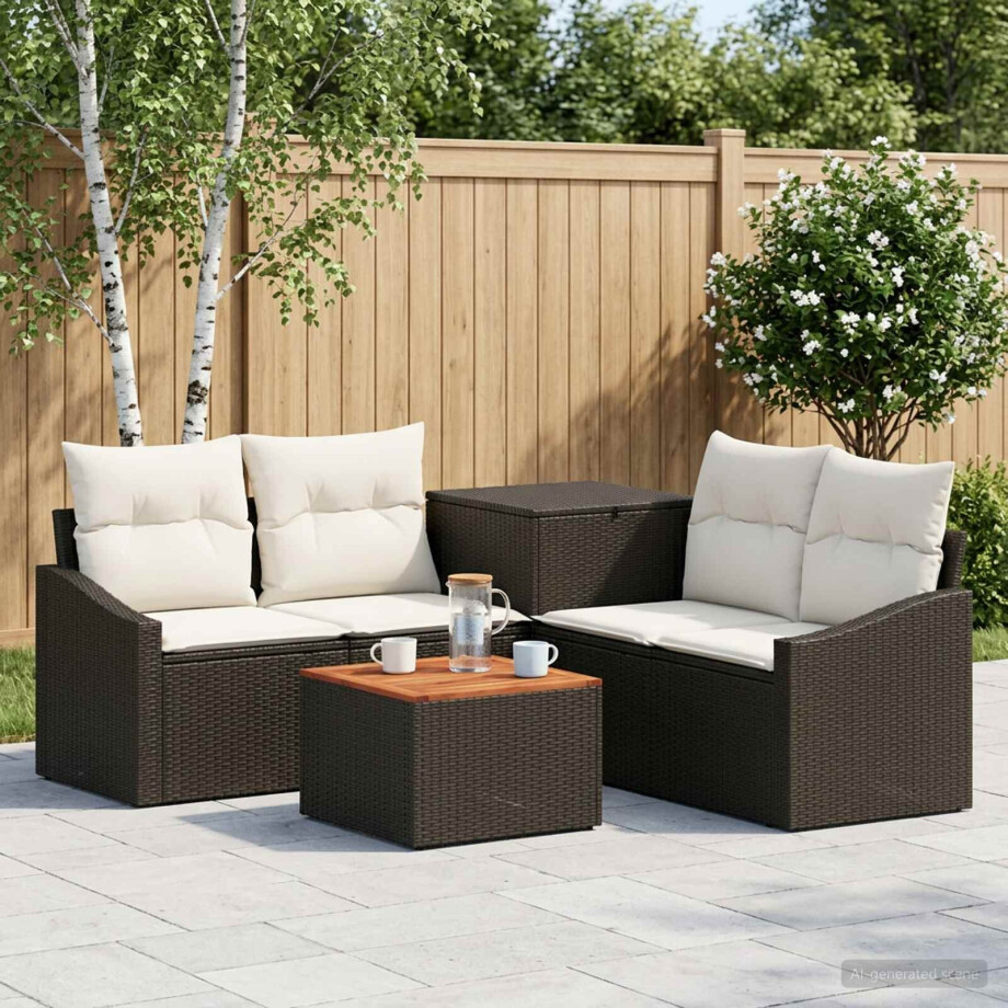vidaXL Bankstel 6 st Zwart en Cream Wit Poly Rattan en Staal afbeelding 1