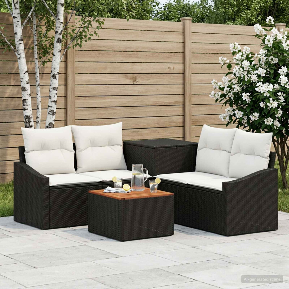 vidaXL Bankstel 6 st Zwart en Cream Wit Poly Rattan en Staal afbeelding 1