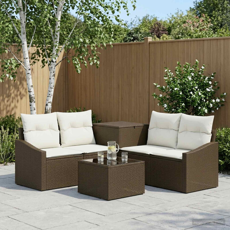 vidaXL Bankstel 6 st Bruin en Crème Wit Poly Rattan en Staal afbeelding 1