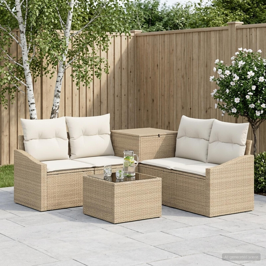 vidaXL Bankstel 6 st Beige en Crème Wit Poly Rattan en Staal afbeelding 1