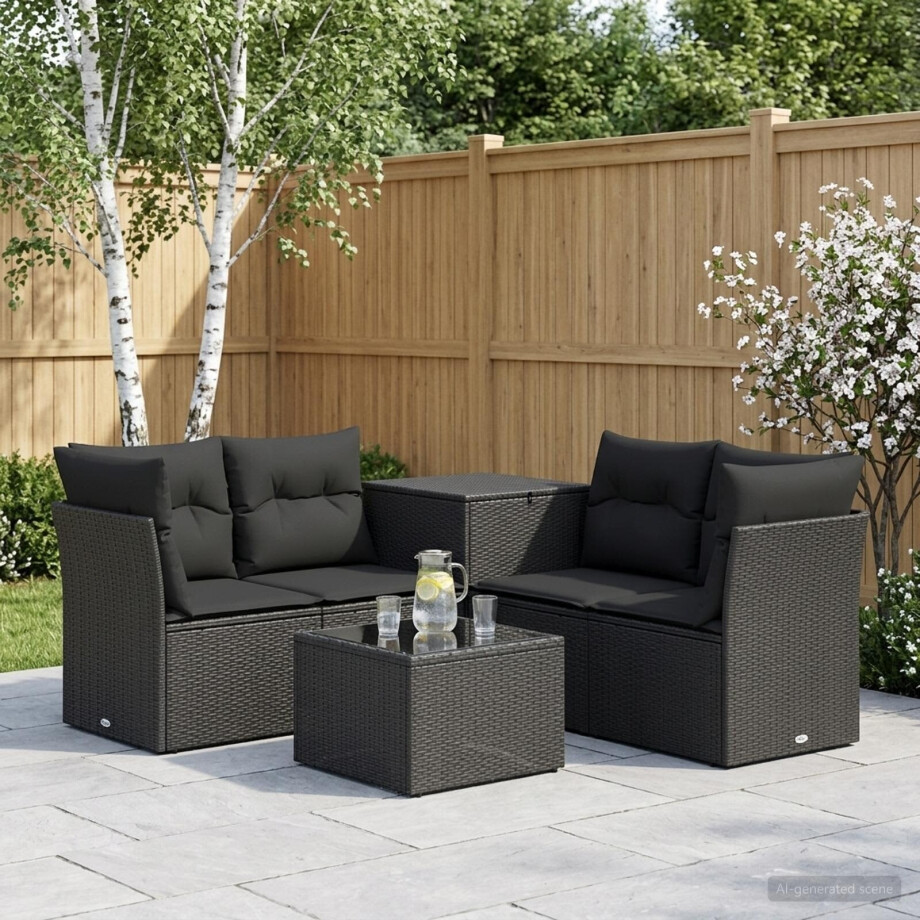 vidaXL Bankstel 6 st Zwart Poly Rattan en Staal vidaXL Bankstel 6 st Zwart Poly Rattan en Staal afbeelding 1