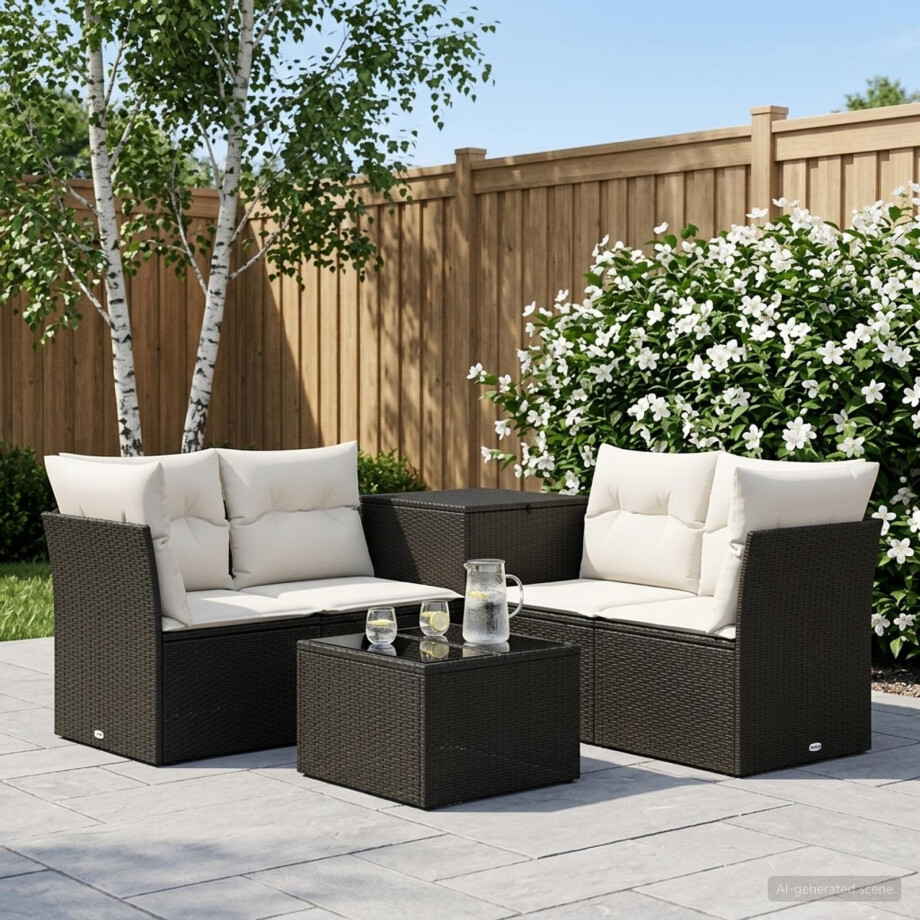 vidaXL Bankstel 6 st Zwart en Cream Wit Poly Rattan en Staal afbeelding 1