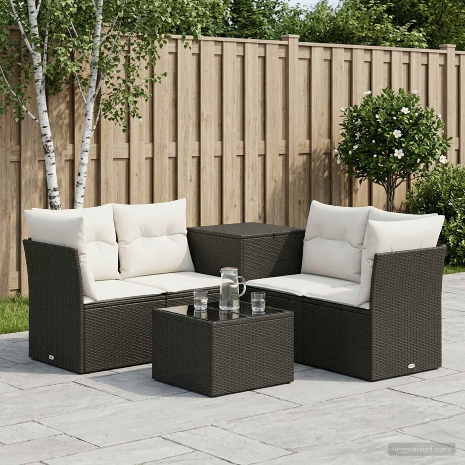 vidaXL Bankstel 6 st Zwart en Cream Wit Poly Rattan en Staal afbeelding 1