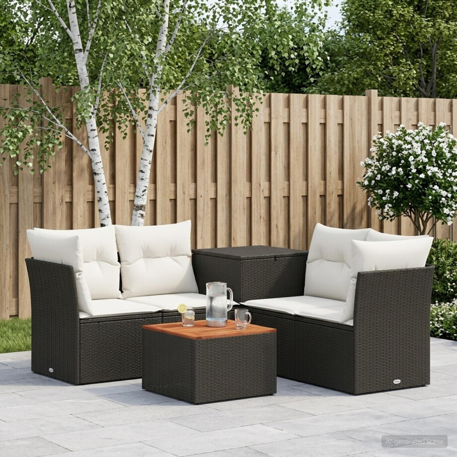 vidaXL Bankstel 6 st Zwart en Cream Wit Poly Rattan en Staal vidaXL Bankstel 6 st Zwart en Cream Wit Poly Rattan en Staal afbeelding 1