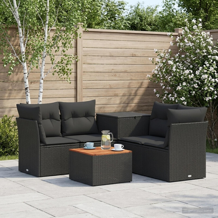 vidaXL Bankstel 6 st Zwart Poly Rattan en Staal vidaXL Bankstel 6 st Zwart Poly Rattan en Staal afbeelding 1