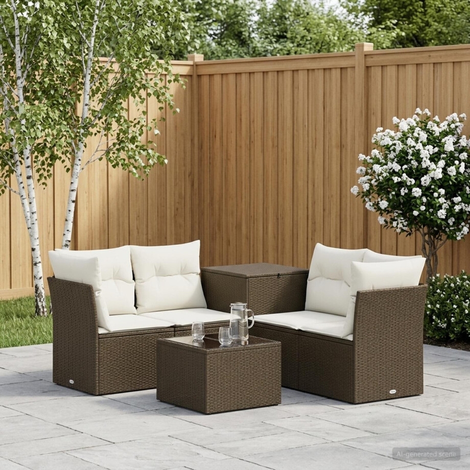 vidaXL Bankstel 6 st Bruin en Crème Wit Poly Rattan en Staal afbeelding 1