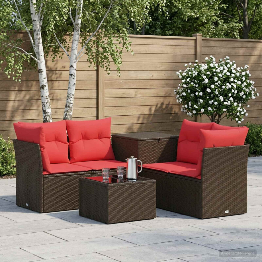 vidaXL Bankstel 6 st Bruin en Rood Poly Rattan en Staal afbeelding 1