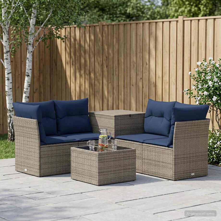 vidaXL Bankstel 6 st Grijs en Marineblauw Poly Rattan en Staal afbeelding 1