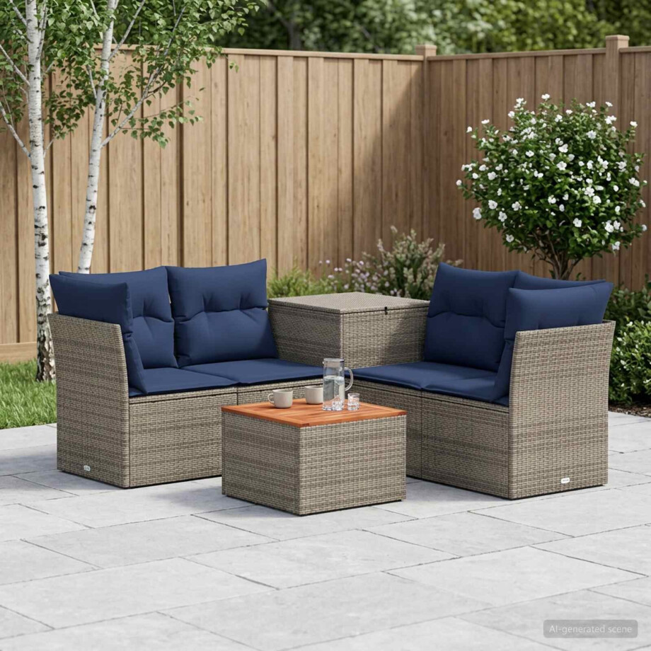 vidaXL Bankstel 6 st Grijs en Marineblauw Poly Rattan en Staal afbeelding 1