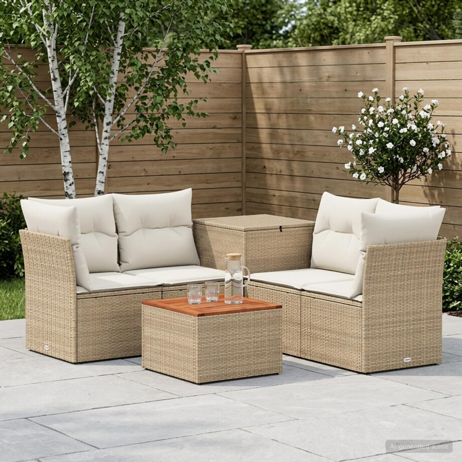 vidaXL Bankstel 6 st Beige en Crème Wit Poly Rattan en Staal afbeelding 1