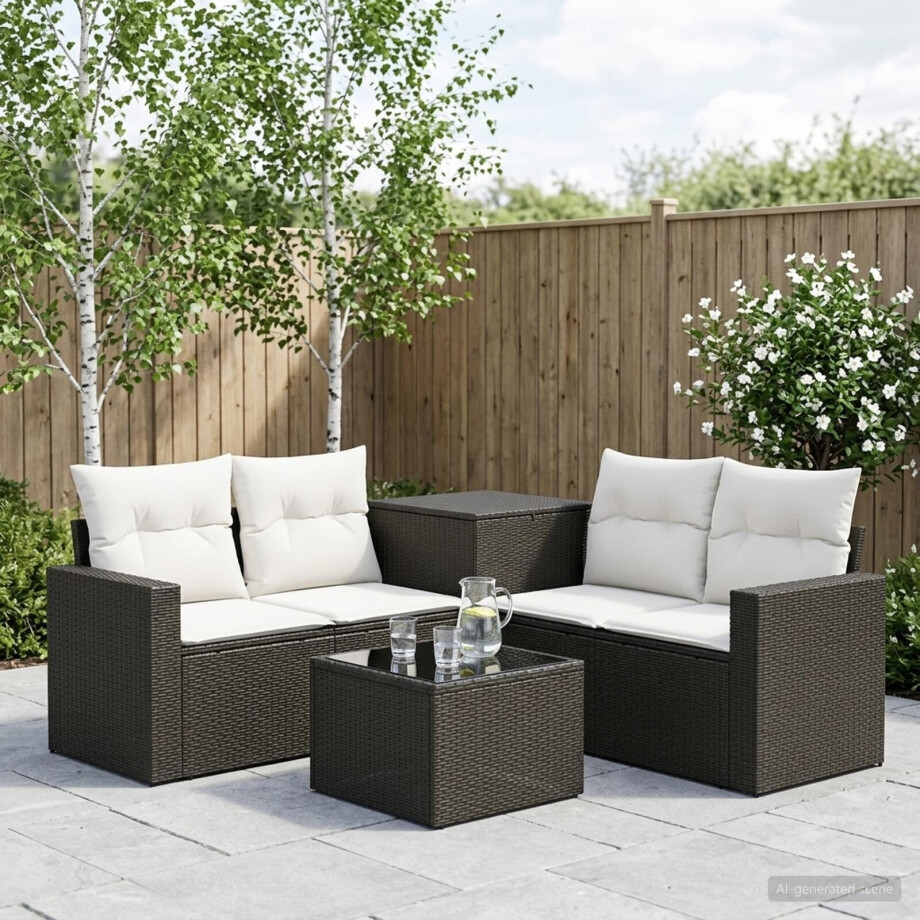 vidaXL Bankstel 6 st Zwart en Cream Wit Poly Rattan en Staal afbeelding 1