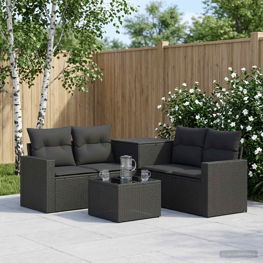 vidaXL Bankstel 6 st Zwart Poly Rattan en Staal vidaXL Bankstel 6 st Zwart Poly Rattan en Staal afbeelding 1