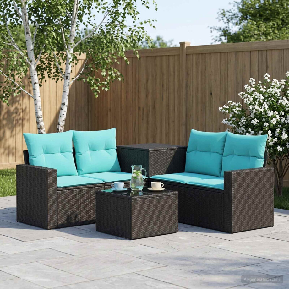 vidaXL Bankstel 6 st Zwart en Blauw Poly Rattan en Staal afbeelding 1