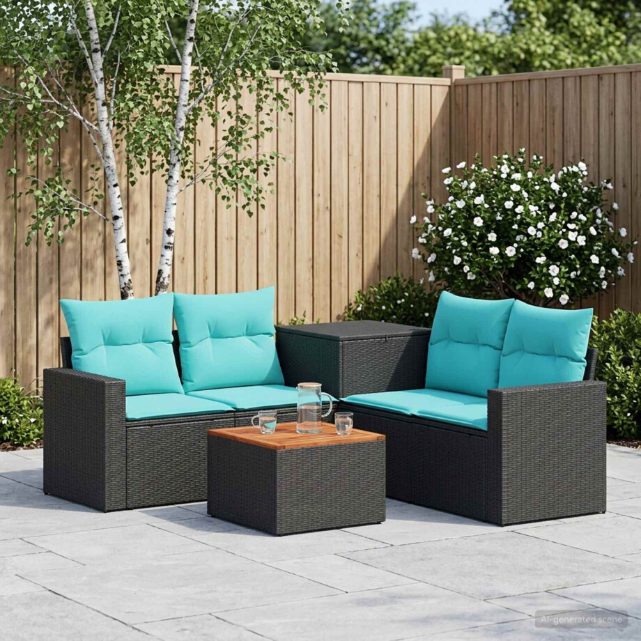 vidaXL Bankstel 6 st Zwart en Blauw Poly Rattan en Staal afbeelding 1
