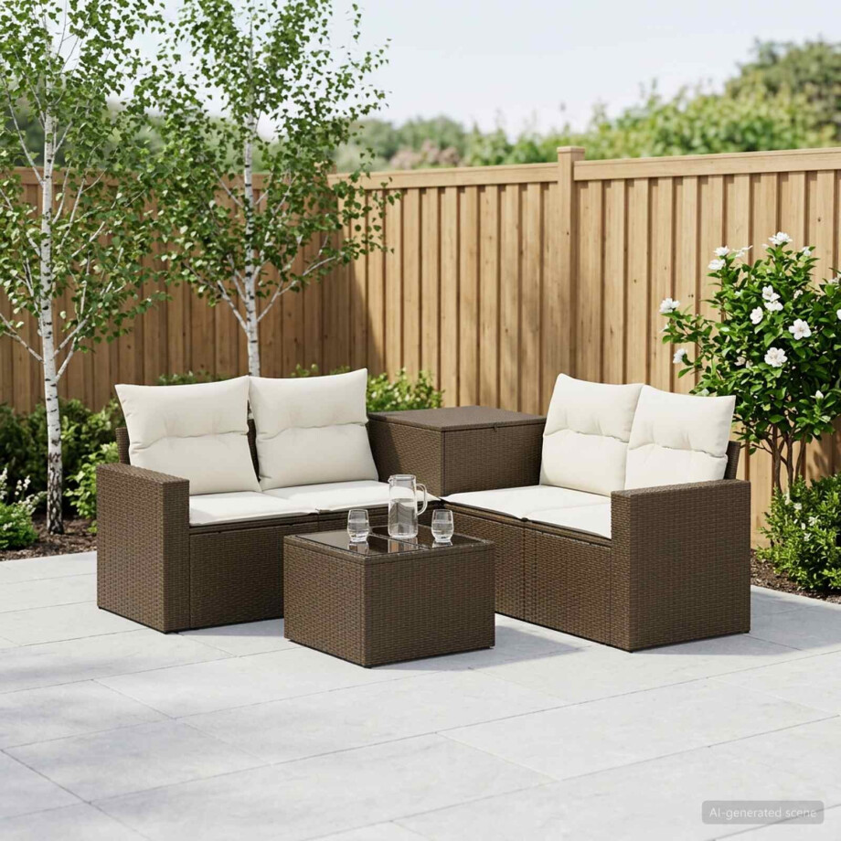 vidaXL Bankstel 6 st Bruin en Crème Wit Poly Rattan en Staal afbeelding 1