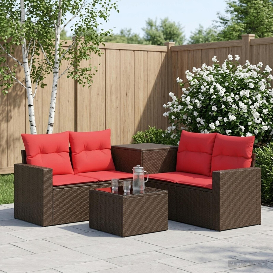 vidaXL Bankstel 6 st Bruin en Rood Poly Rattan en Staal afbeelding 1