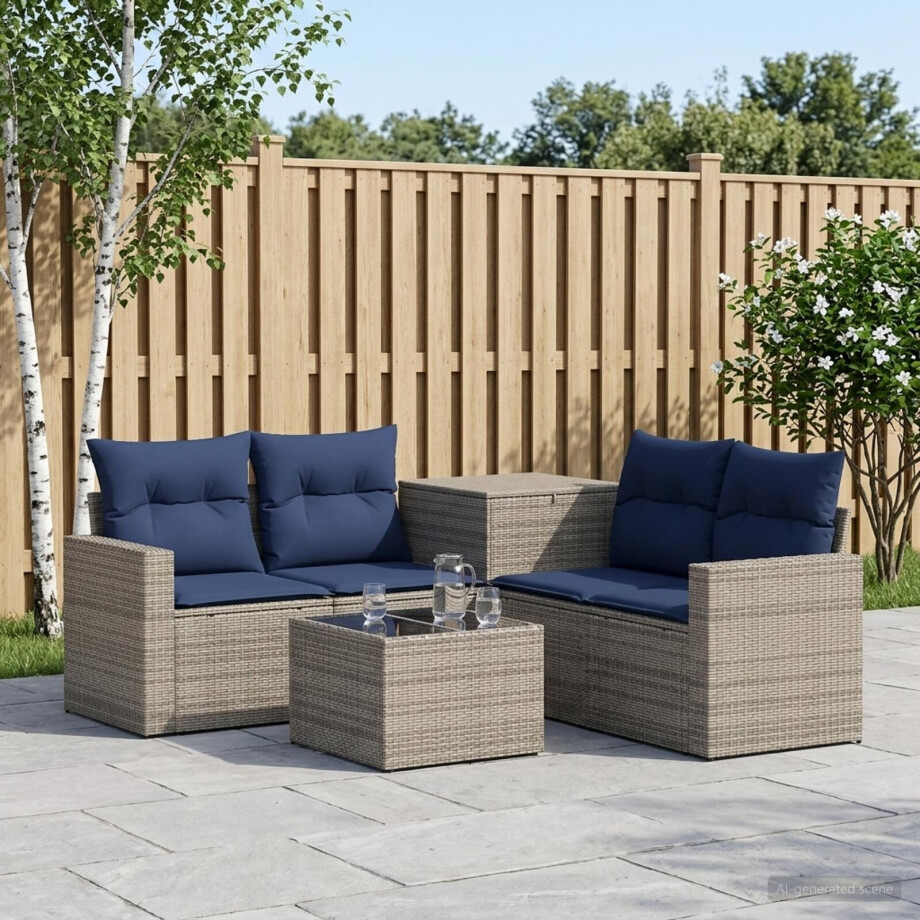 vidaXL Bankstel 6 st Grijs en Marineblauw Poly Rattan en Staal afbeelding 1