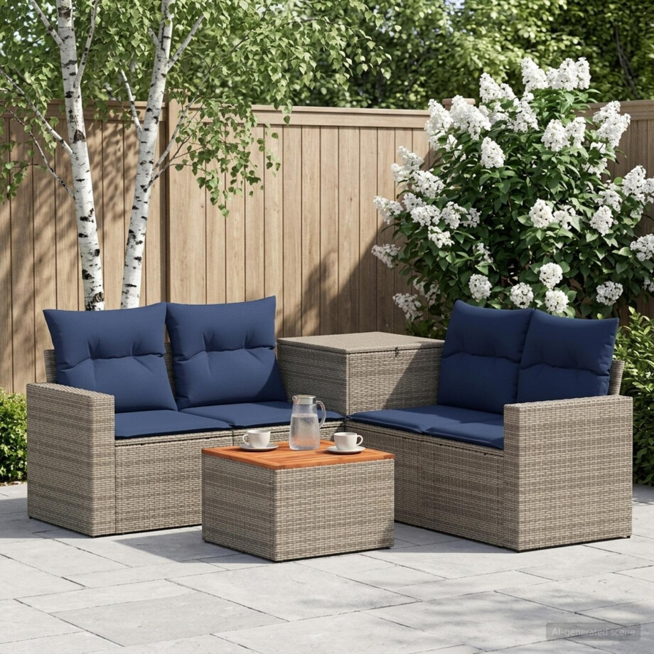 vidaXL Bankstel 6 st Grijs en Marineblauw Poly Rattan en Staal afbeelding 1